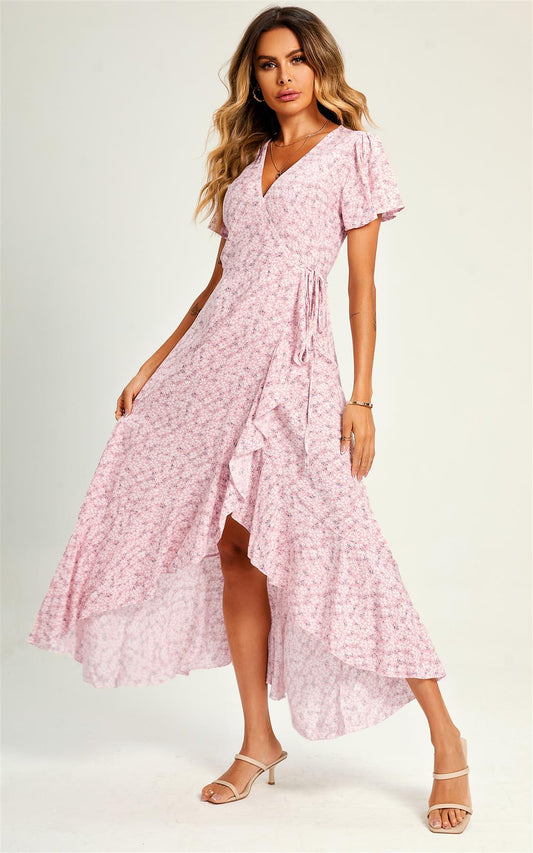 Summer Floral Print Hem Wrap Midi Dress In Pink - AXON