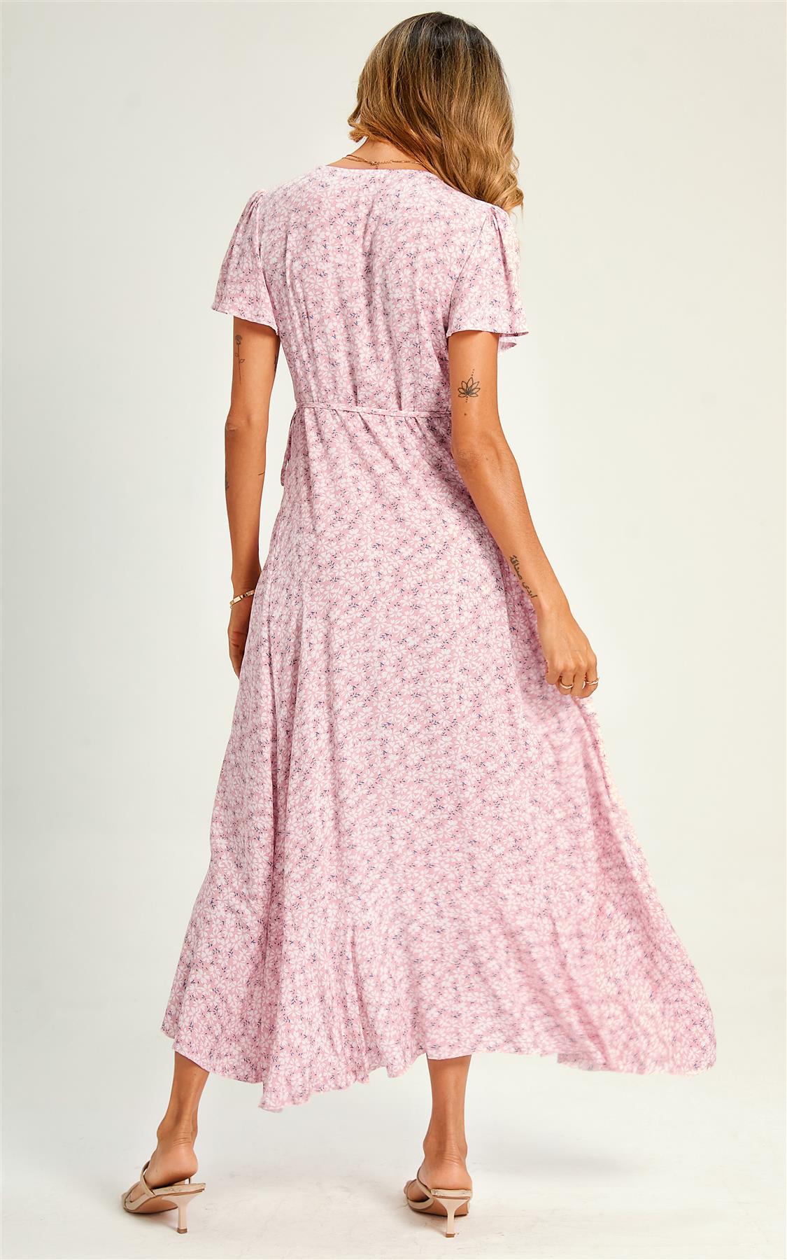 Summer Floral Print Hem Wrap Midi Dress In Pink - AXON