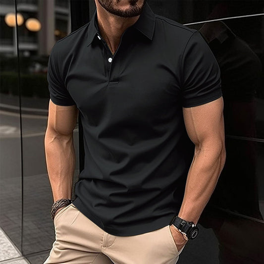 Summer Short Sleeve Polo Shirt Men Solid Color Button Lapel Button Top - AXON
