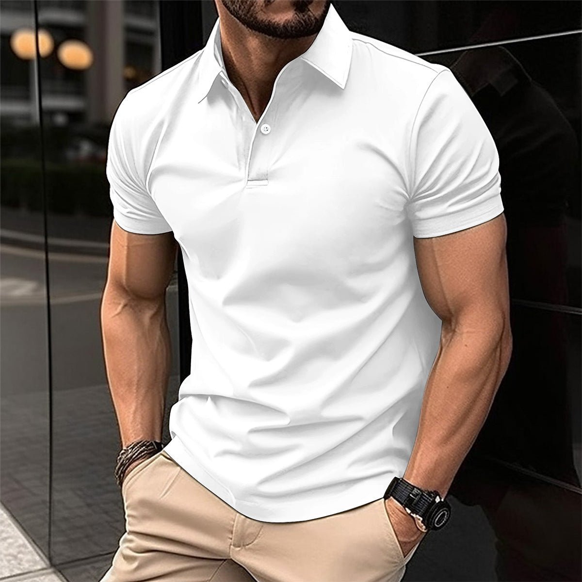 Summer Short Sleeve Polo Shirt Men Solid Color Button Lapel Button Top - AXON
