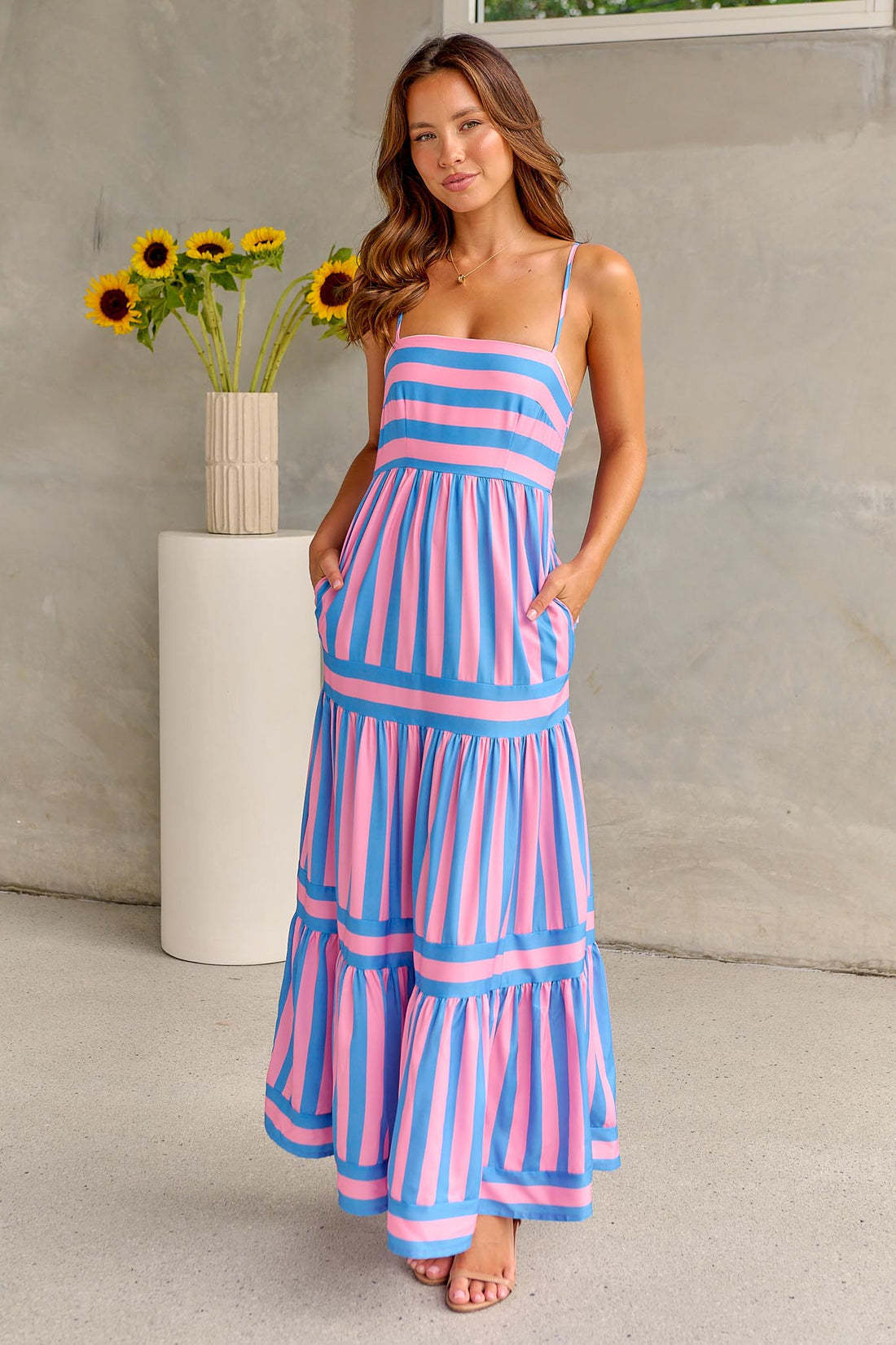 Summer Striped Printed Suspender Long Dress With Pockets Fashion Square Neck Backless Dresses For Beach Vacation Women Clothing - AXON