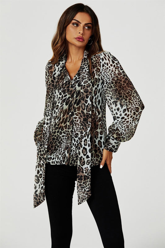 Tie Detail long sleeve Blouse Top In Beige - AXON