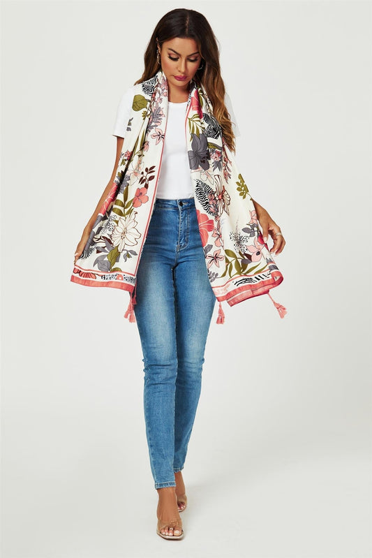Tropical Floral Print Tassel Scarf In Pink - AXON