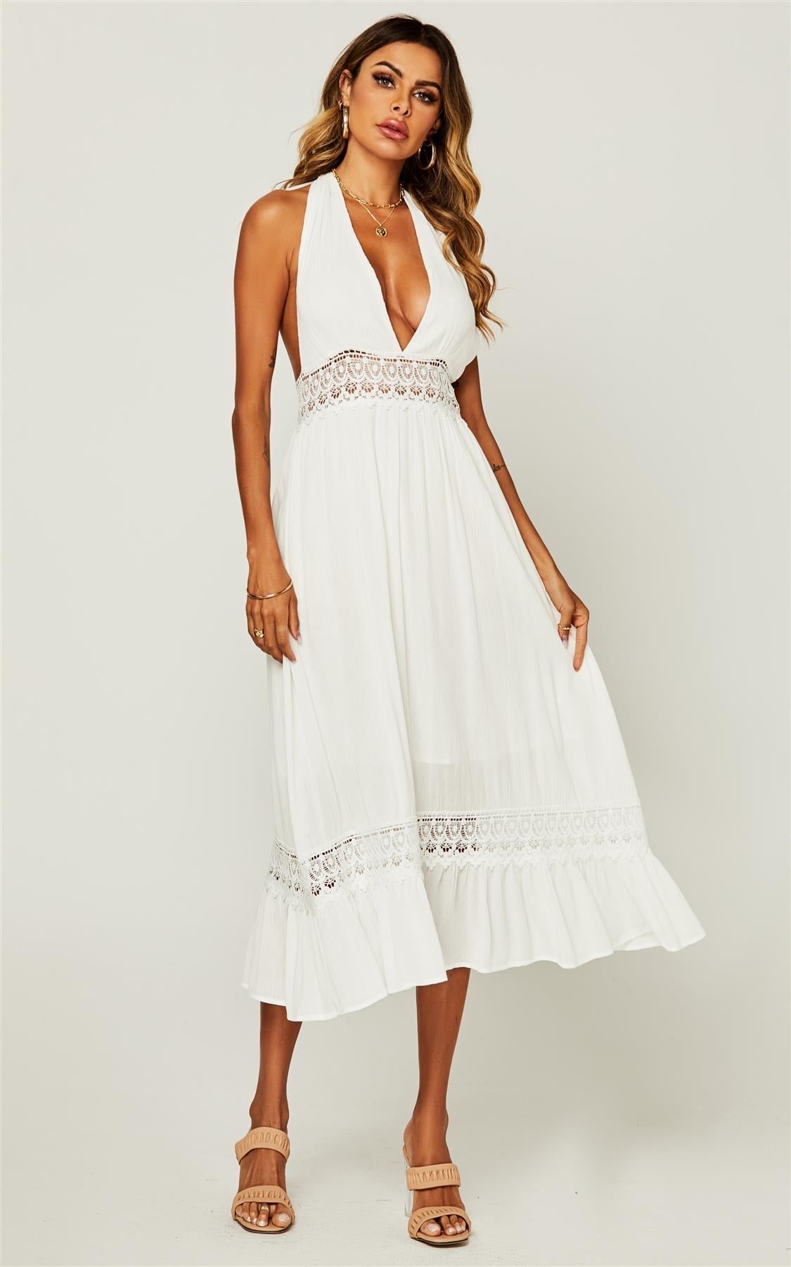 V Neck Back Tie Detail Lace Midi Dress In Ivory White - AXON
