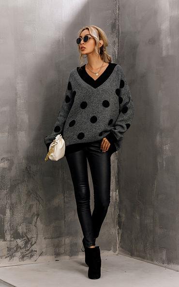 V Neck Jumper In Charcoal Grey & Black Polka Dot Print - AXON