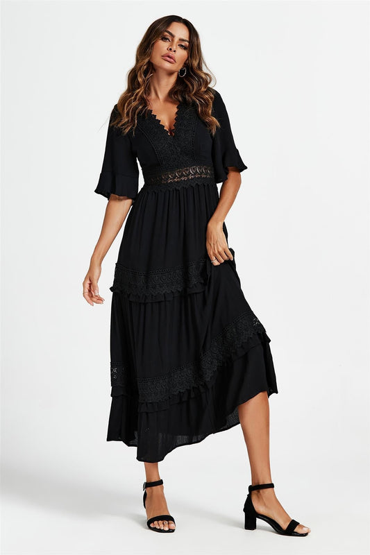 V Neck Lace Detail Midi Dress In Black - AXON