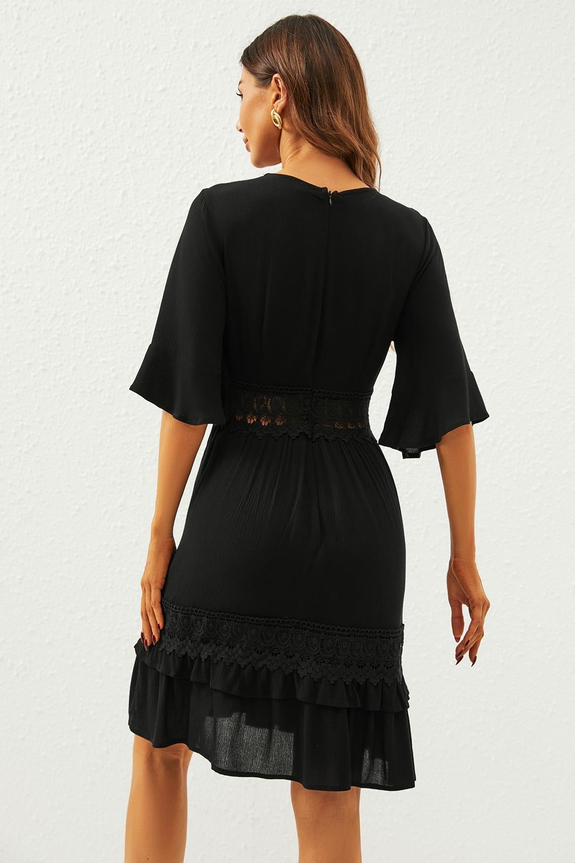 V Neck Lace Mini Dress In Black - AXON