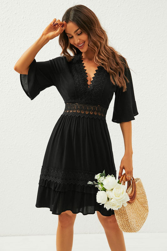 V Neck Lace Mini Dress In Black - AXON
