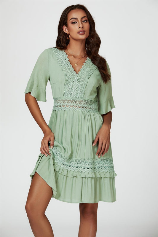 V Neck Lace Mini Dress In Green - AXON