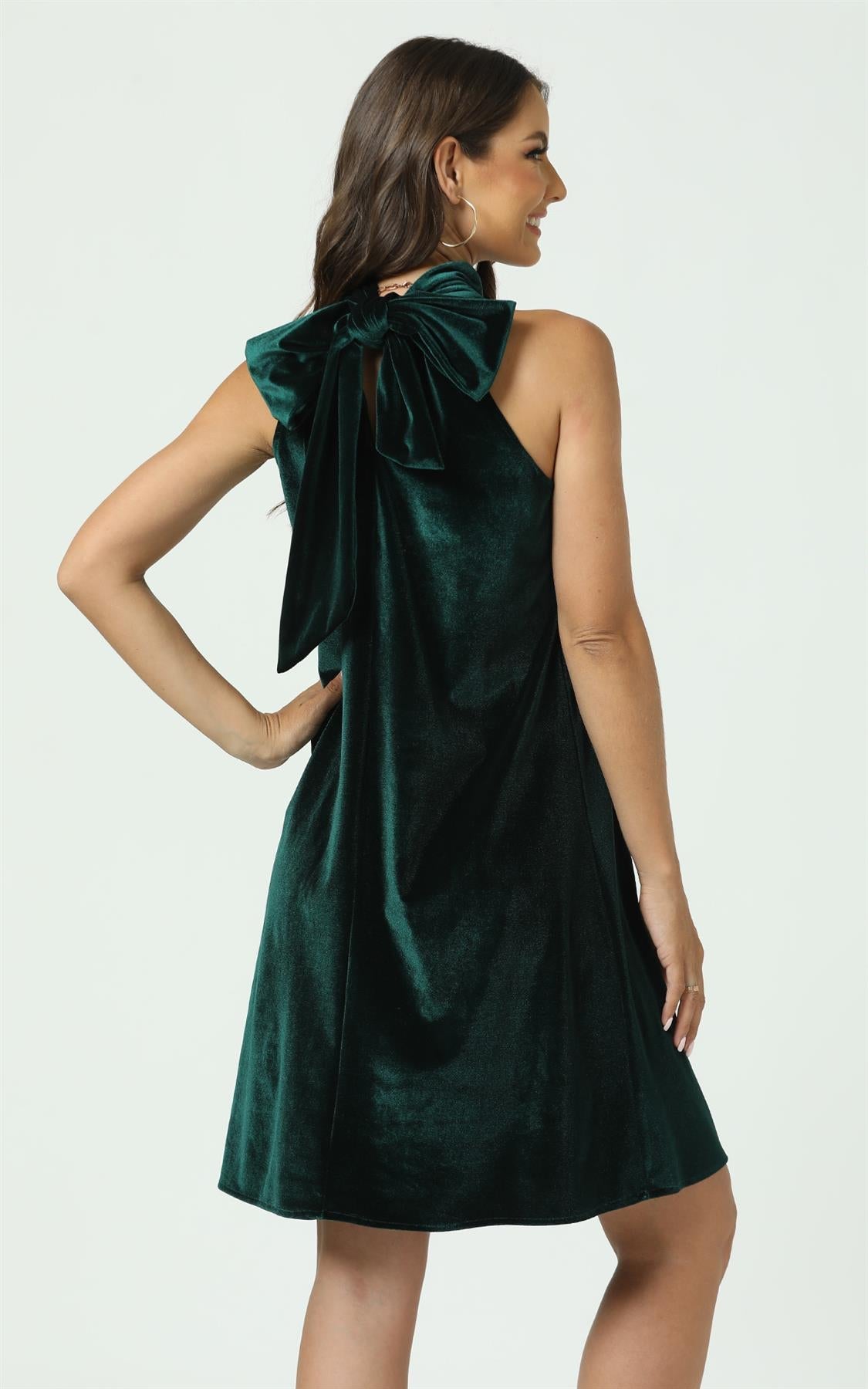 Velvet Halter Neck Tie Back Mini Dress In Dark Green - AXON