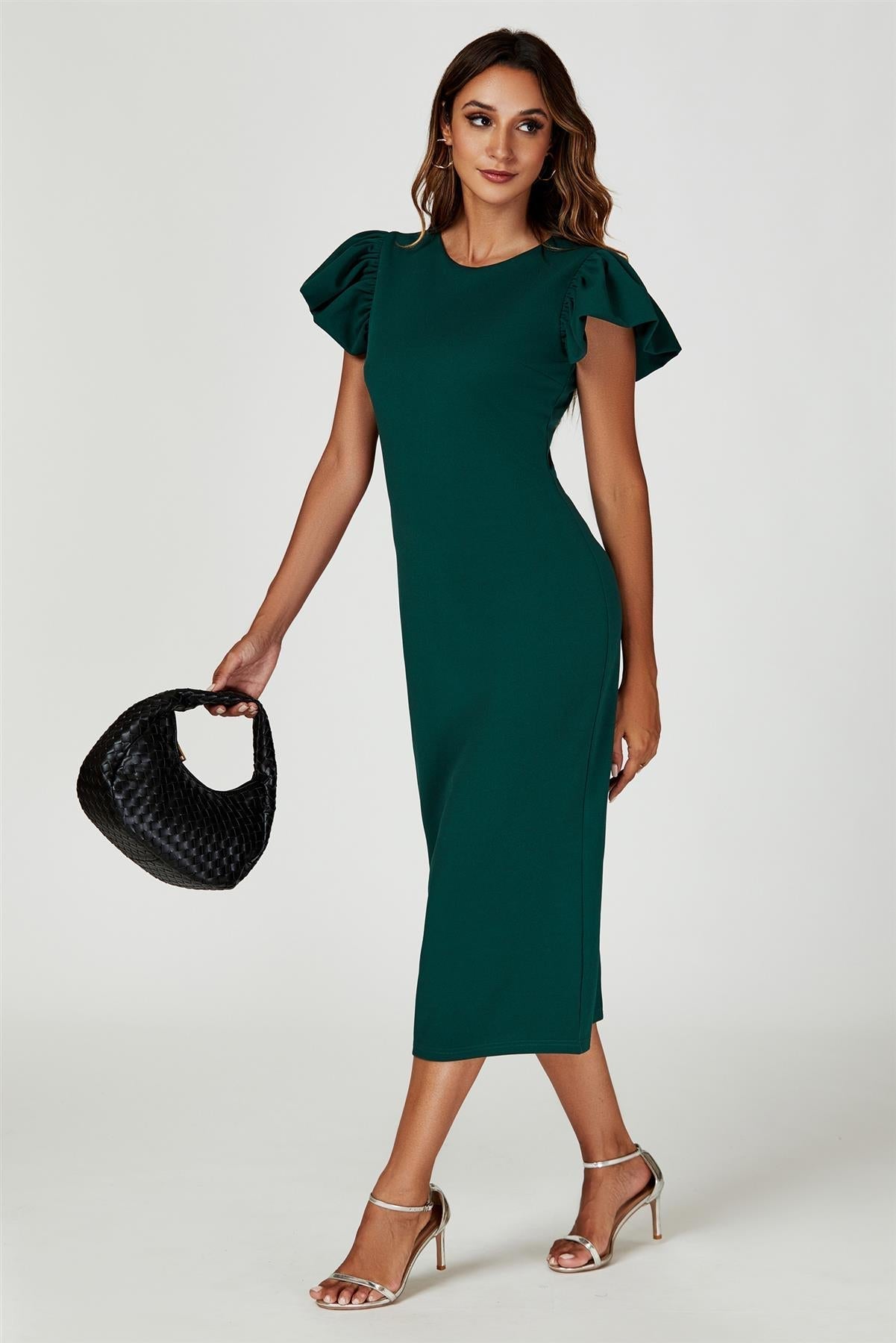 Volume Sleeve Bodycon Midi Dress In Green - AXON