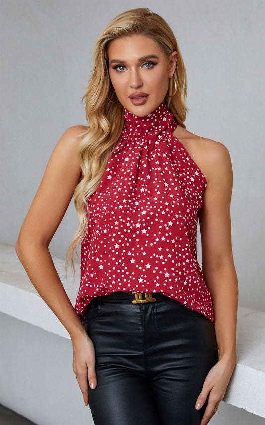 White Star Print Halter Neck Tie Back Top In Red - AXON