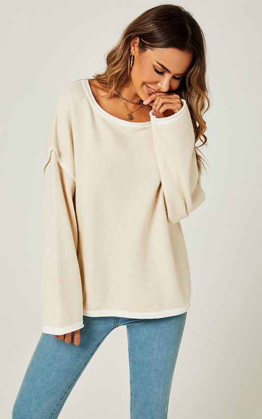 White Striped Oversized Jumper Top In Beige - AXON