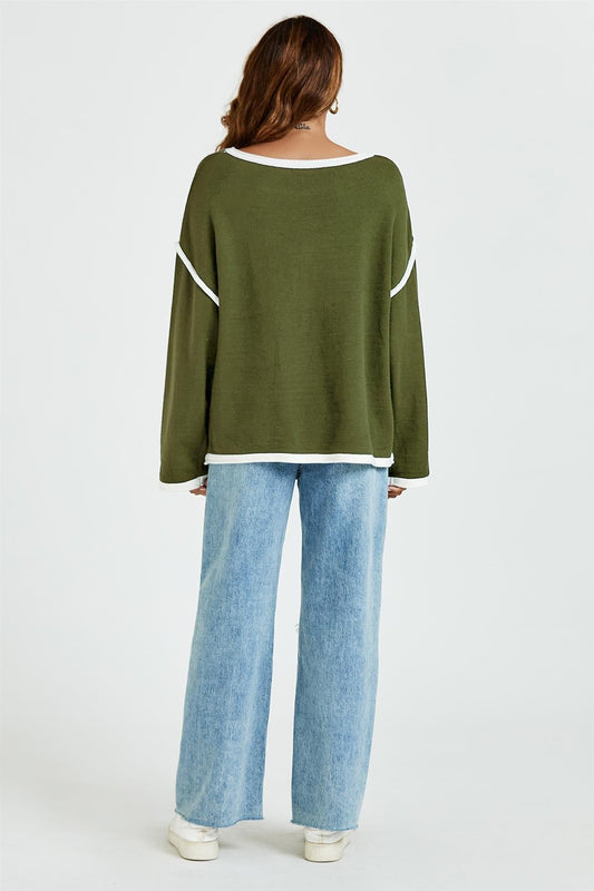 White Striped Oversized Jumper Top In Khaki Green - AXON
