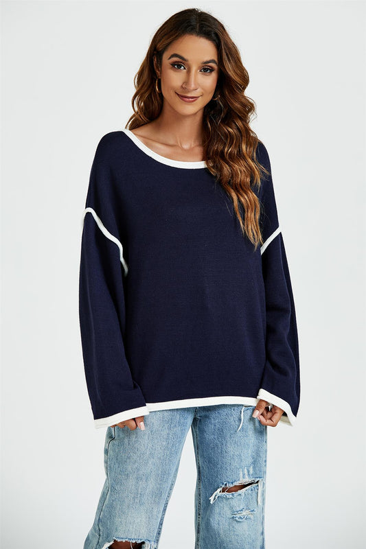 White Striped Oversized Jumper Top In Navy - AXON