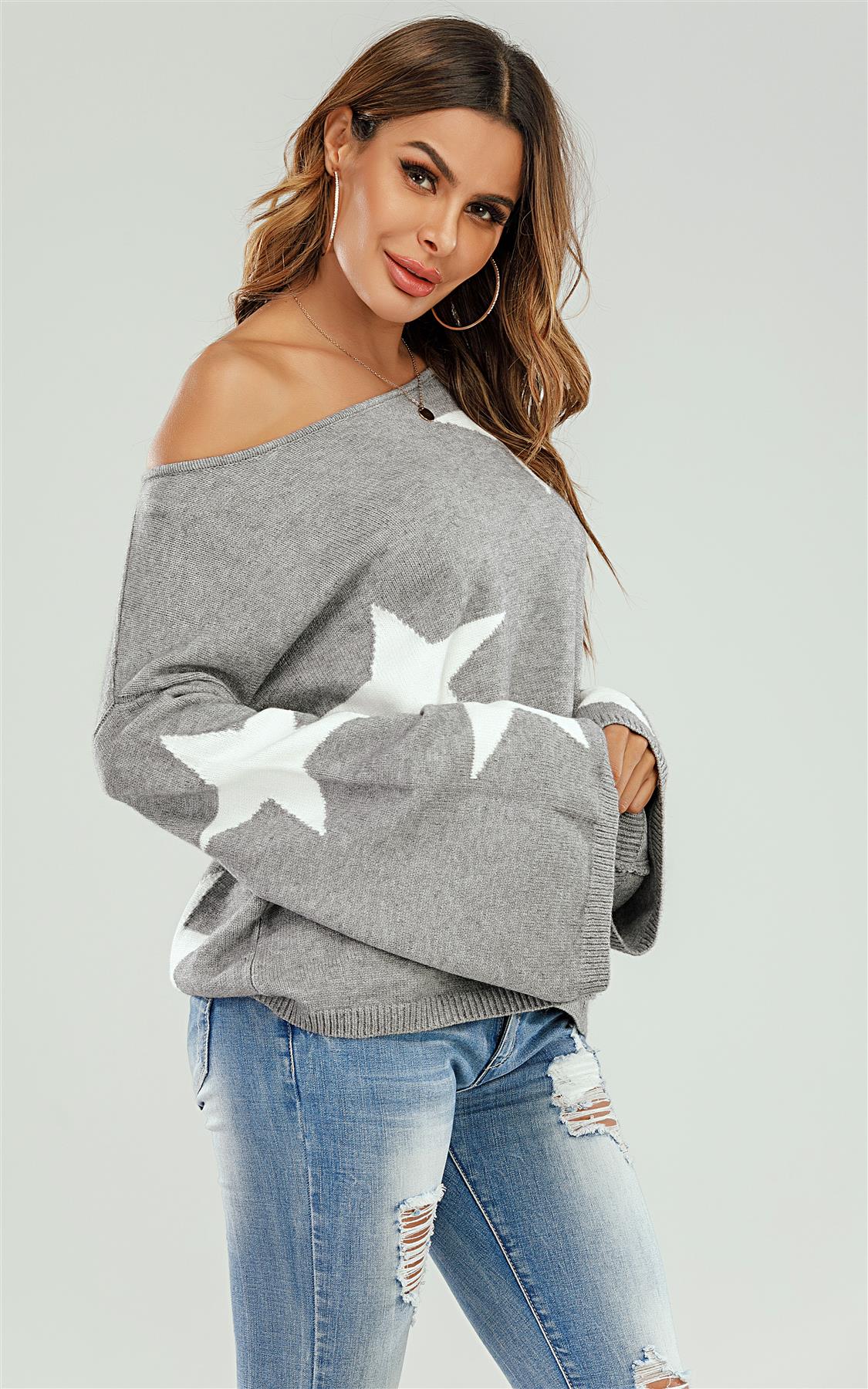 Wide Sleeve Oversized Grey Jumper With White Star - AXON