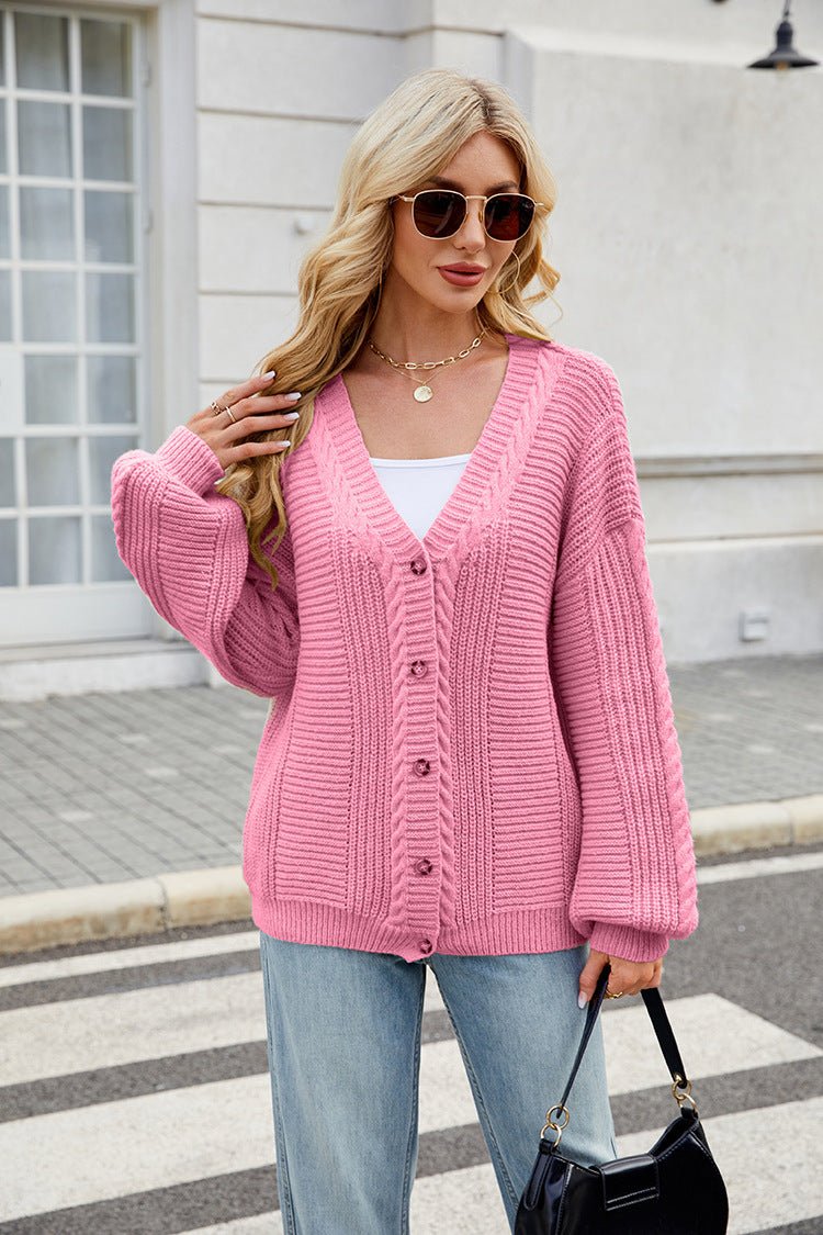 Women's Loose Long - sleeved V - neck Twisted Knitted Sweater Coat - AXON