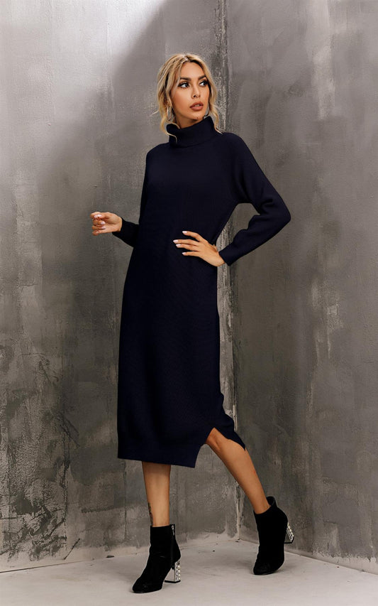 Wool Blended Jumper Dress With High Neck In Black - AXON