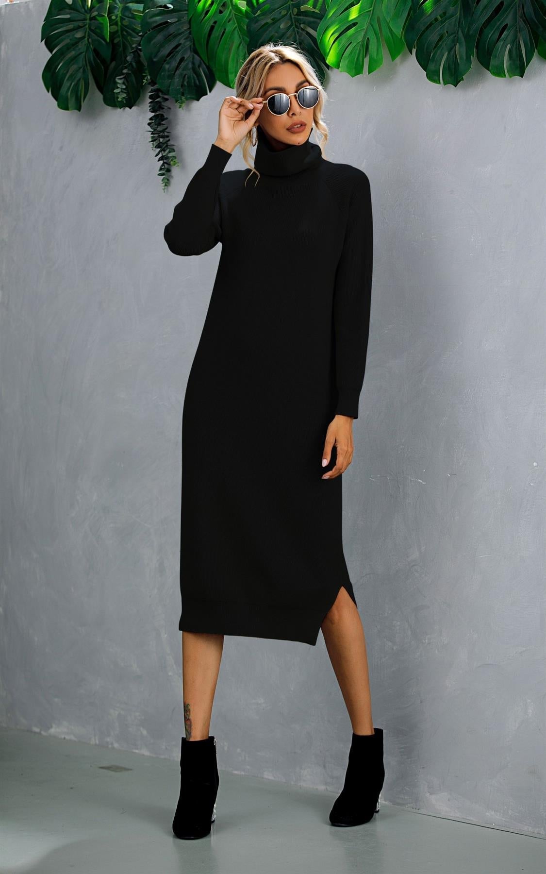 Wool Blended Jumper Dress With High Neck In Black - AXON