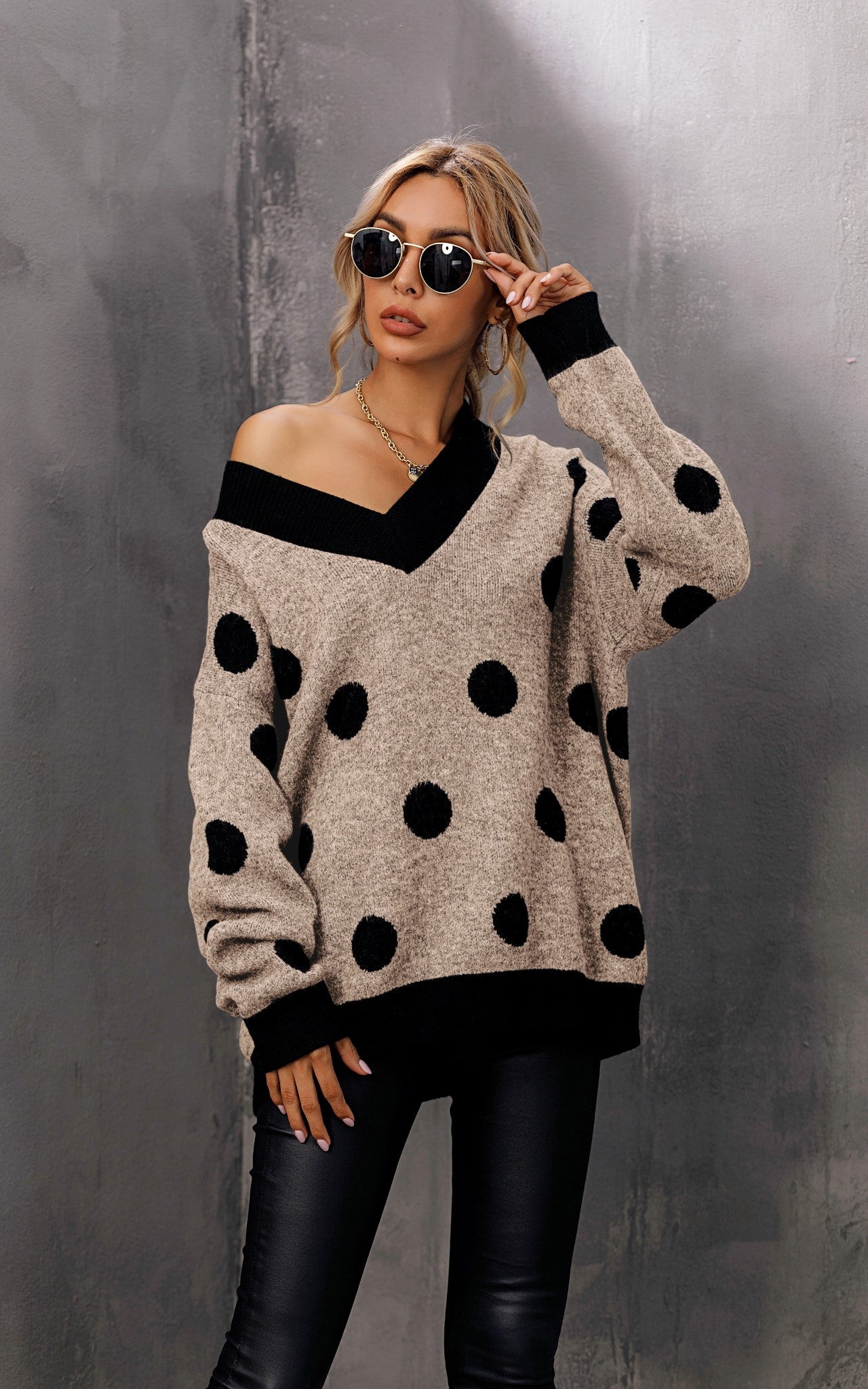Wool Blended V Neck Jumper In Beige & Black Polka Dot Print - AXON