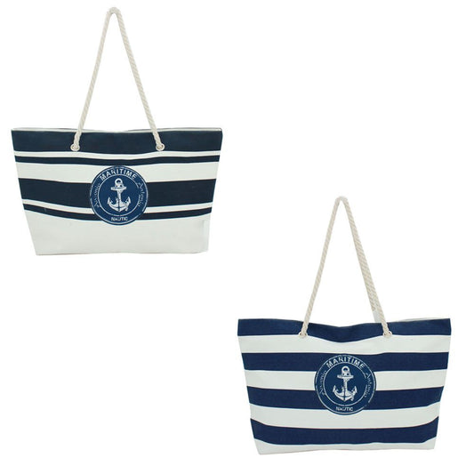 XXL Strandtasche » Maritime Streifen und Anker in blau/weiß » große Familien Handtasche ca. 66 x 40 cm » Maritim Optik Tasche » Badetasche mit Reißverschluss