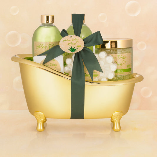 Wellness Geschenkset, 6-teilig, Dusch-Beauty-Set in dekorativer goldener Badewanne