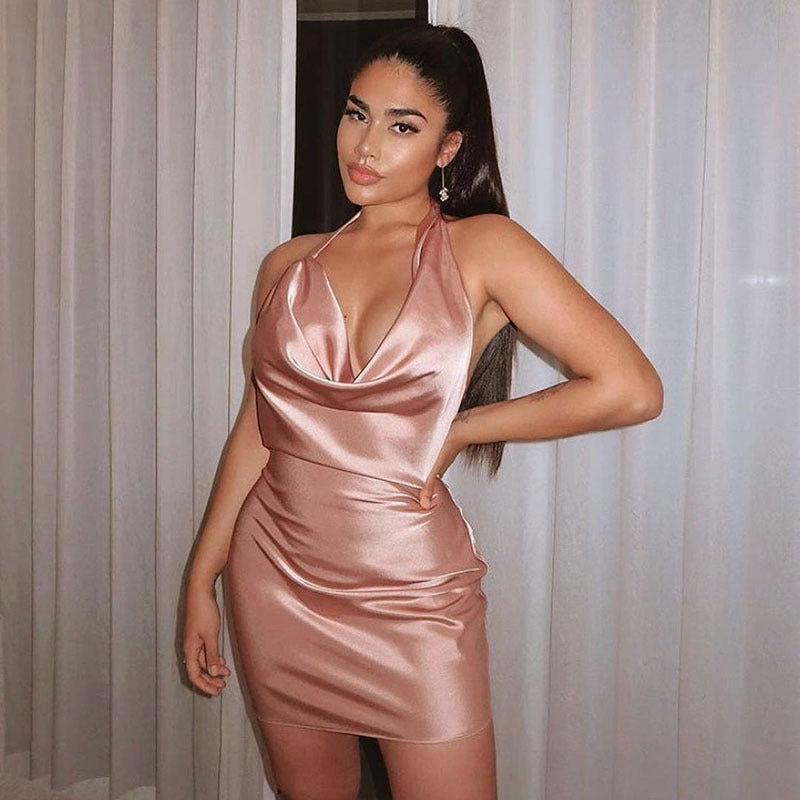 Satin Party Dress V Neck Backless Mini Sleeveless Summer Fashion