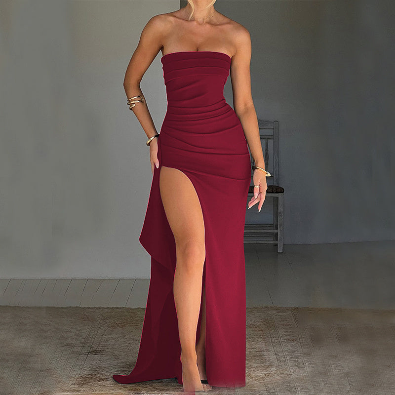 Strapless Split Long Dress Summer Fashion Pleated Bridesmaid Dress For Women´s Party Wedding Clothing