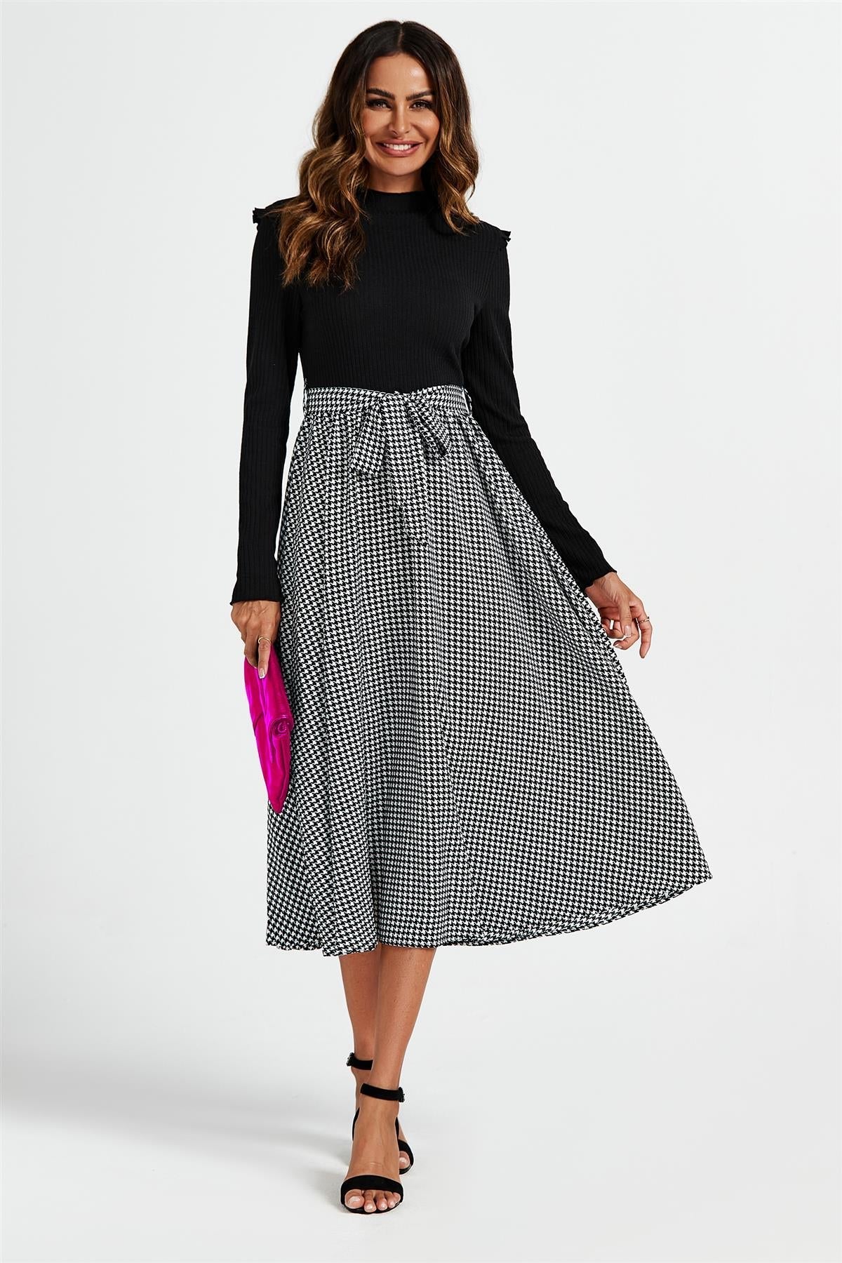 2 In 1 Black & White Houndstooth Printed Midi Dress - AXON
