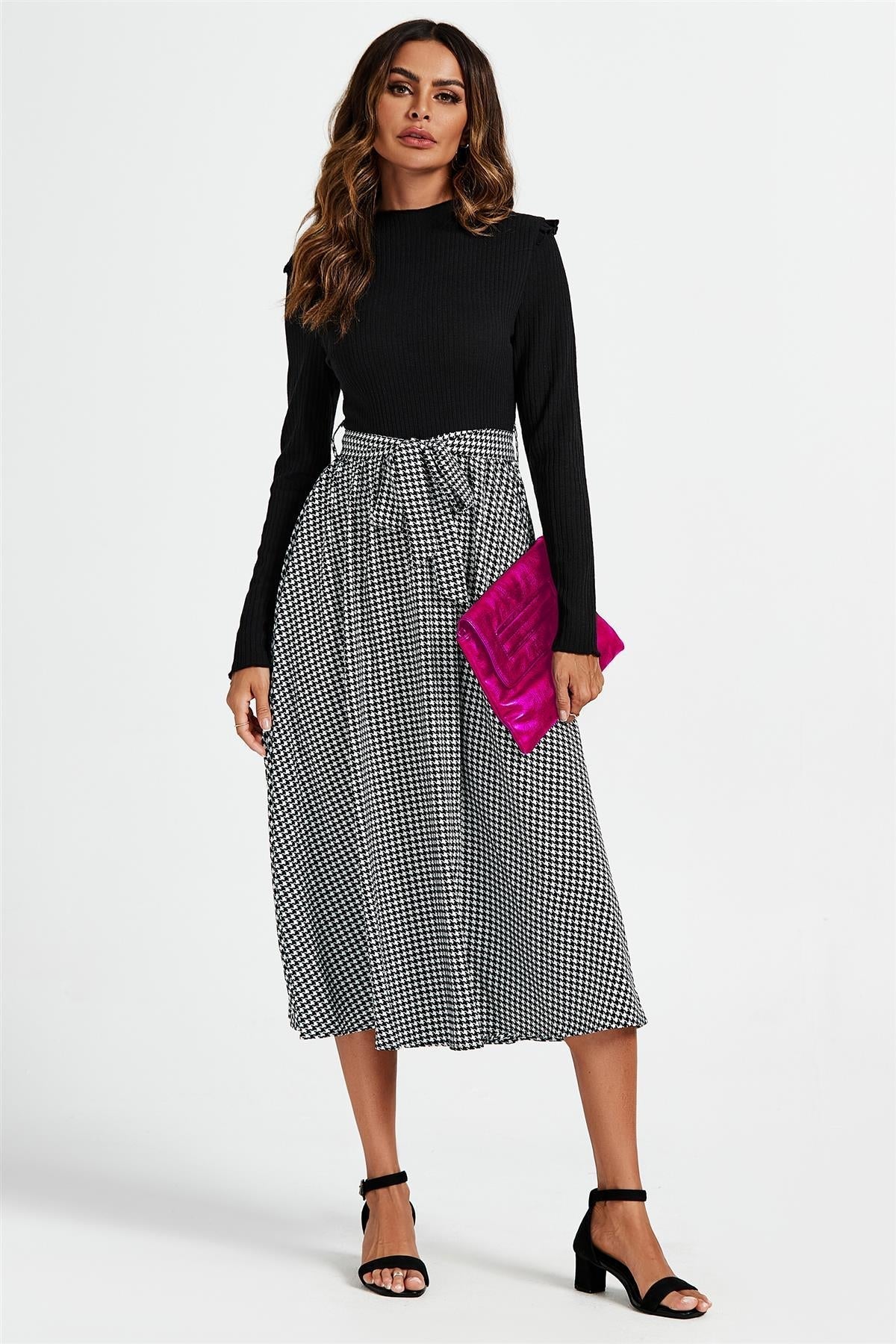 2 In 1 Black & White Houndstooth Printed Midi Dress - AXON