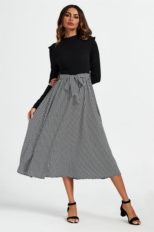 2 In 1 Black & White Houndstooth Printed Midi Dress - AXON
