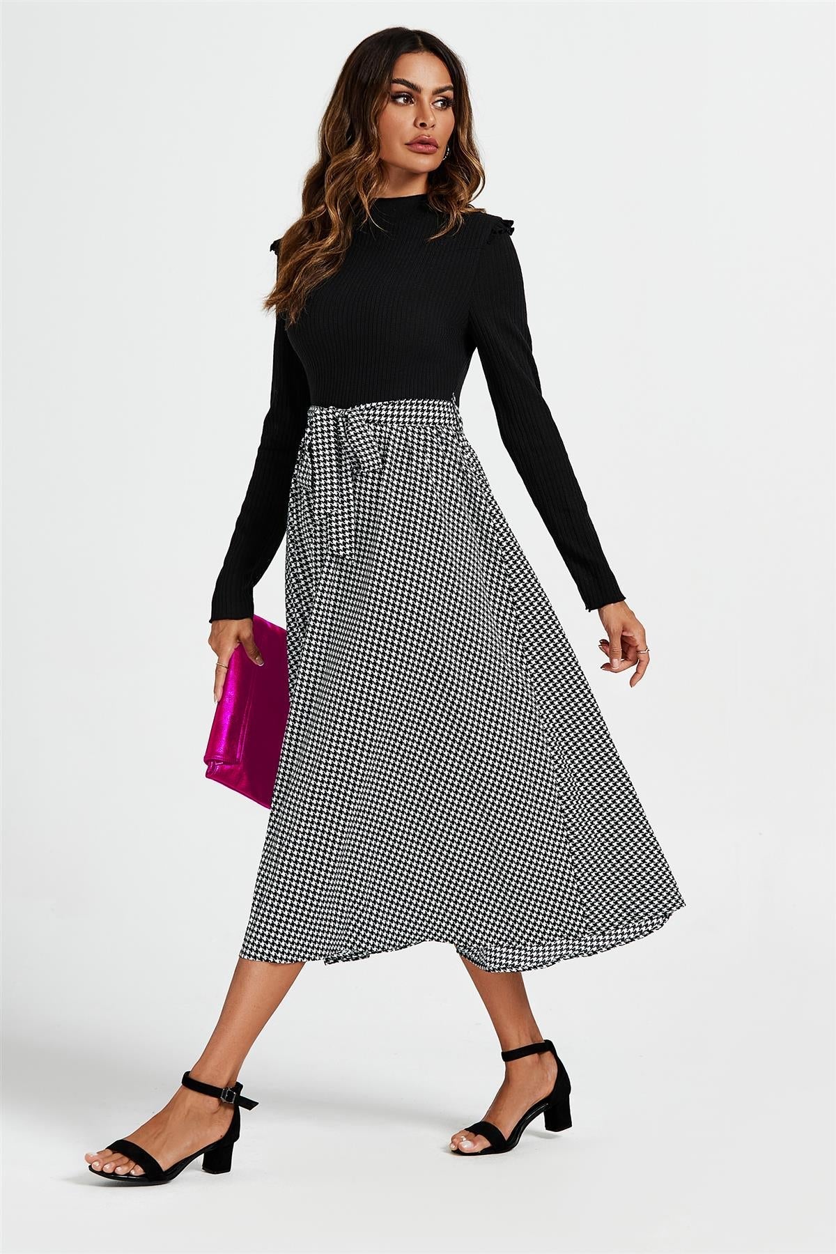 2 In 1 Black & White Houndstooth Printed Midi Dress - AXON