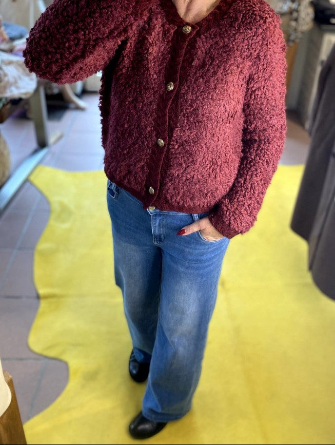 Cardigan Strickjacke Bouclé Bordeaux Rot Goldknöpfe Nylon Alpaka Wolle, One Size - von CHOICE C100
