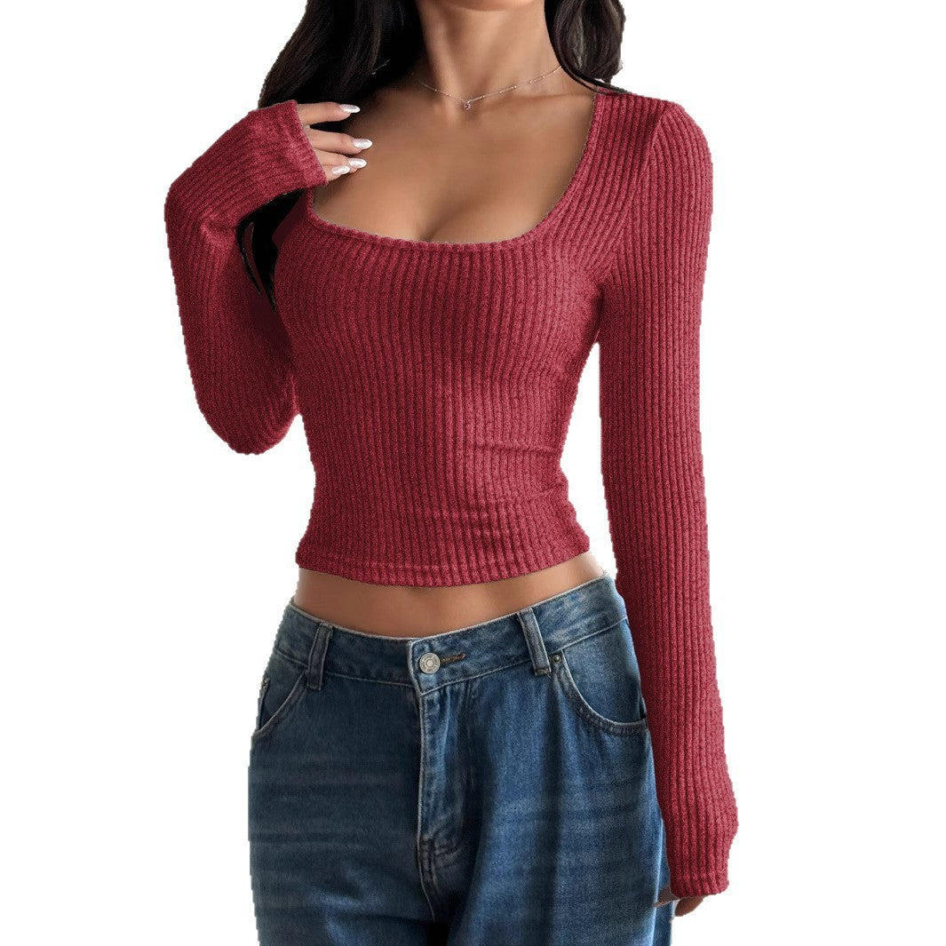 Autumn And Winter Women's Clothing New U-neck Rib Knitted Top