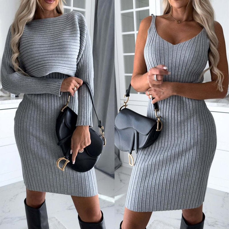 2pcs Suit Women's Solid Stripe Long - sleeved Top And Tight Suspender Skirt Fashion Autumn Winter Slim Clothing - AXON