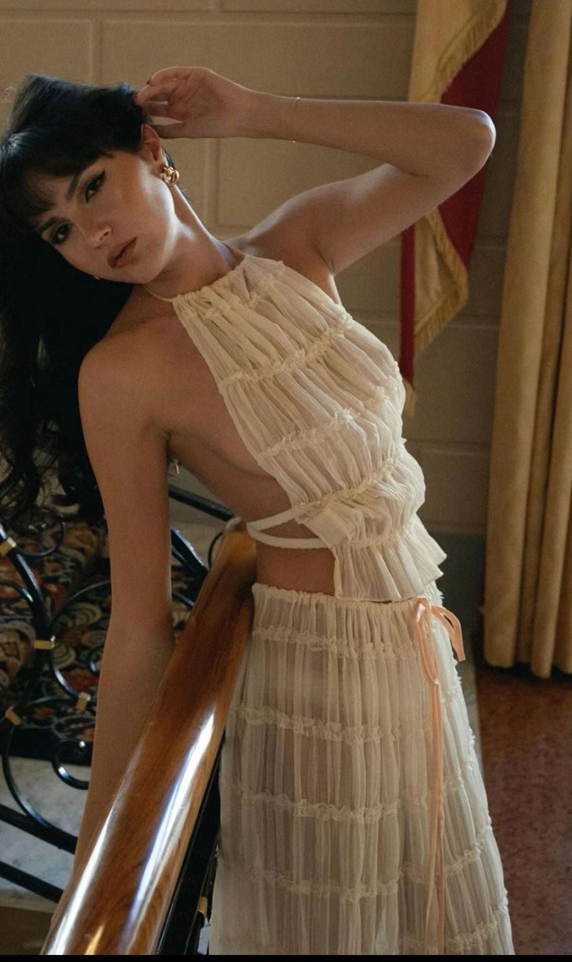 2pcs Women's Dress Suit Sexy Sleeveless Backless Cropped Halter Top And Pleated Long Skirt Beach Clothing - AXON