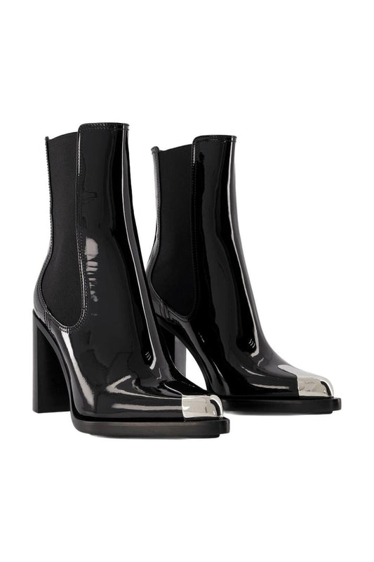 Stiefeletten aus schwarzem und silberfarbenem Leder