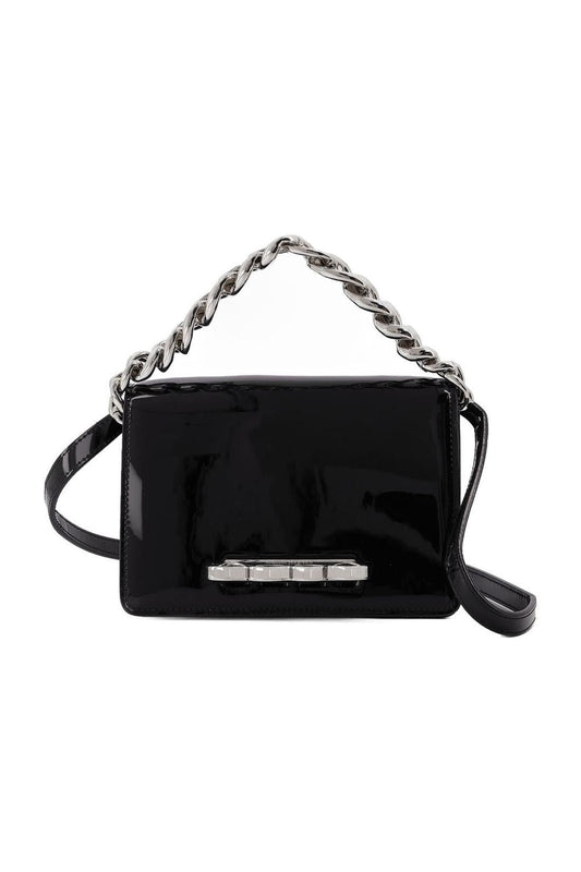 Tasche Four Ring Mini Chain aus schwarzem Lackleder