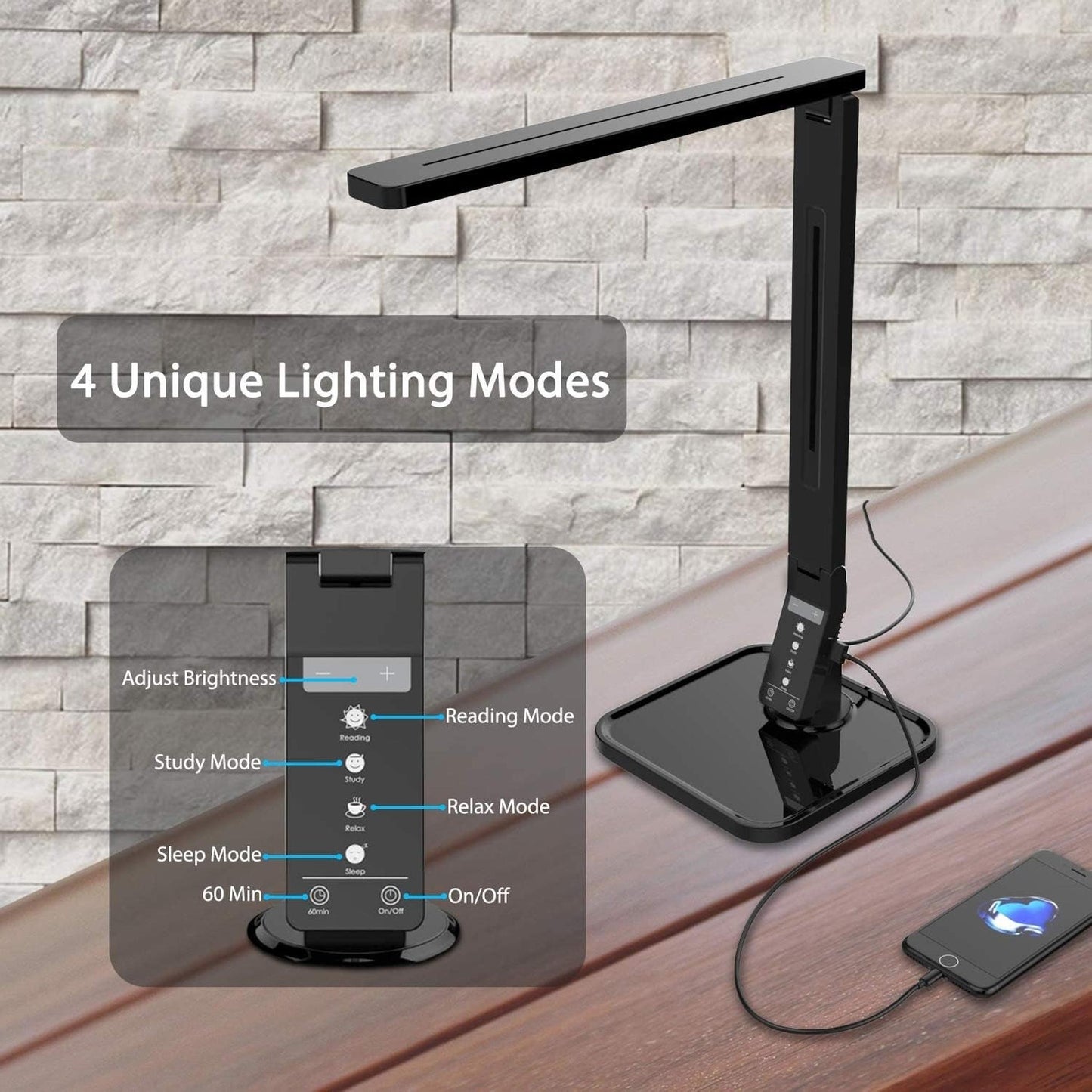 LED Desk Lamp with Eye-Caring Tech & USB Charging - 5 Modes, 14W
