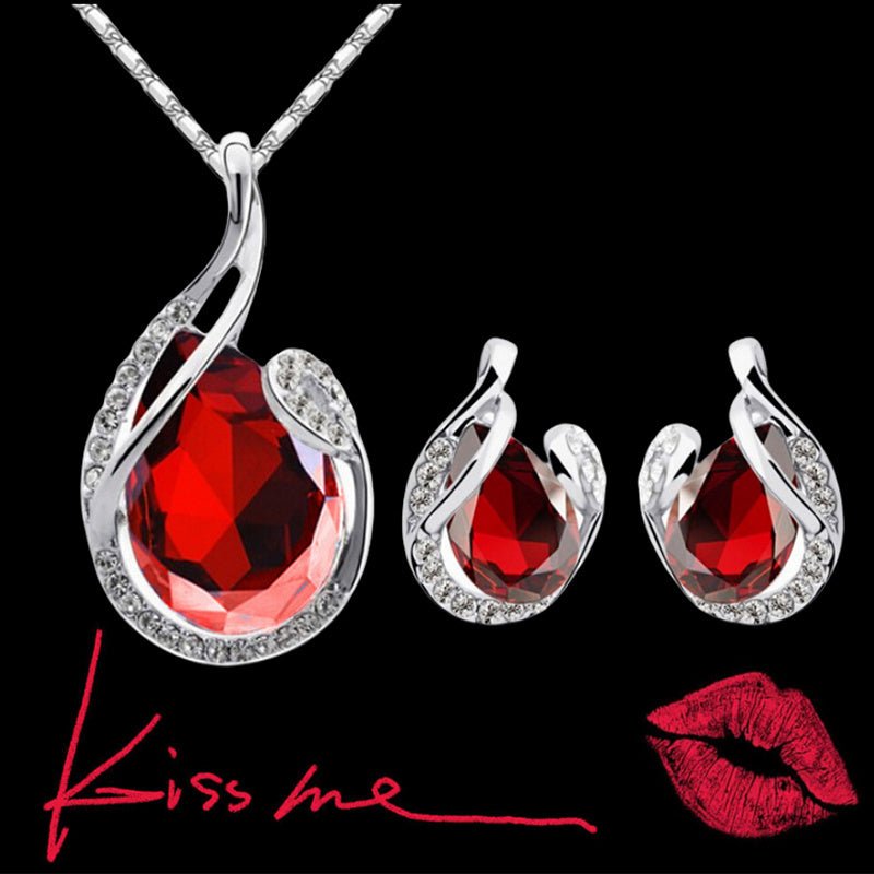 3pcs Rhinestone Necklace Set With Earrings Fashion Water - drop - shaped Jewelry For Women Valentine's Day - AXON