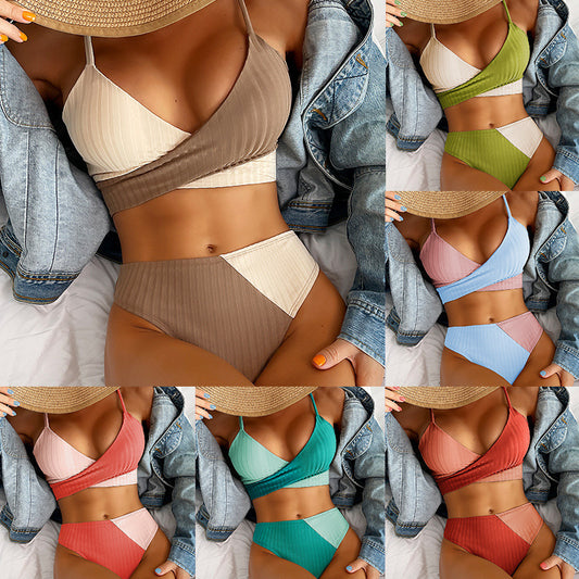 Bikini Patchwork Swimwear Ribbed Women's Swimsuit Knot Back Beachwear Rushed Butt Biquinis Women's Swimming bikini