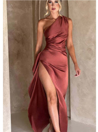 Sexy One-shoulder Backless Slit Dress Sexy Elegant Slim-fit Solid Color Satin Dresses For Solid Color