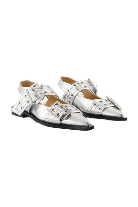 Feminine Buckle Ballerinas - Ganni - Kunstleder - Silber