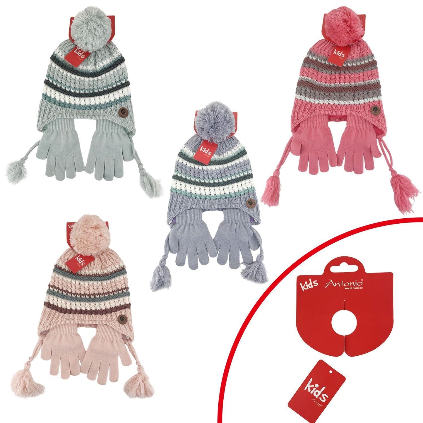 Kinder Winter Mütze mit Handschuhen » Gestreiftes Set » Kindermütze mit Streifen und Fingerhandschuhe