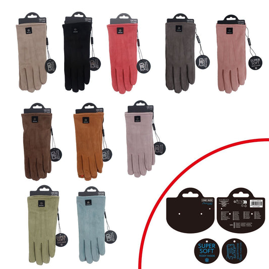 Gefütterte Winter Damen Handschuhe » Winterhandschuhe mit Teddy Innenfutter » Fingerhandschuhe mit drei Streifen auf Handrücken | Touchfunktion