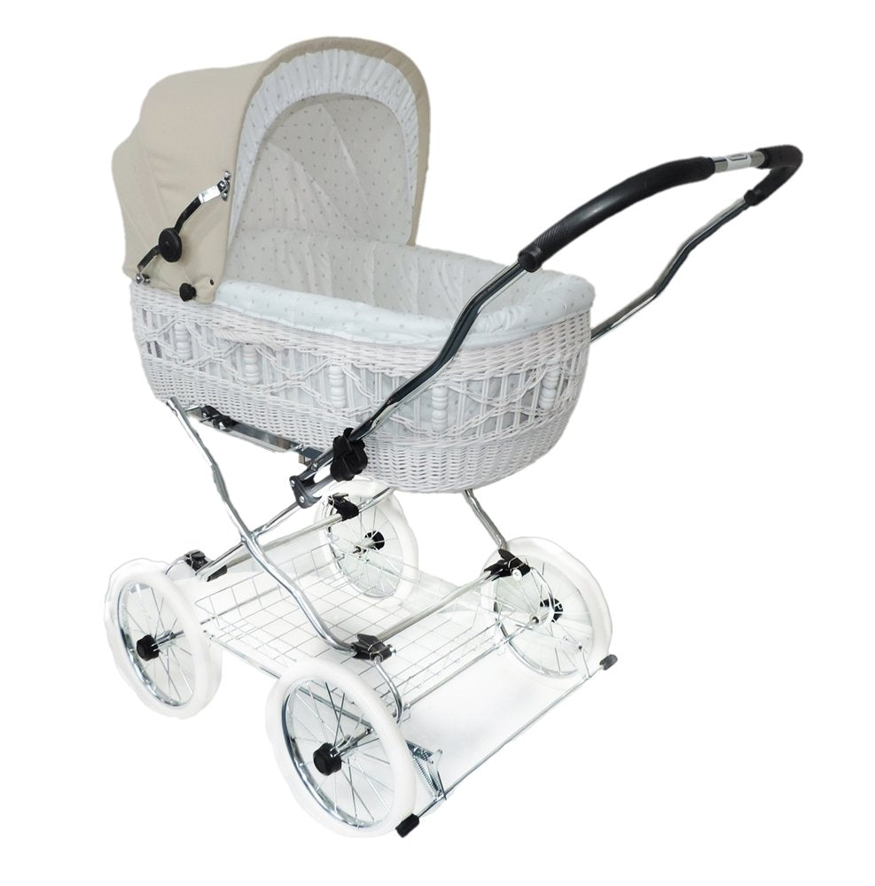 EICHHORN Weidenkorb Kinderwagen, Korb Weiß, Stoff Beige - große Liegefläche, weich gefedert, inklusive Matratze und Regenschutzbezug