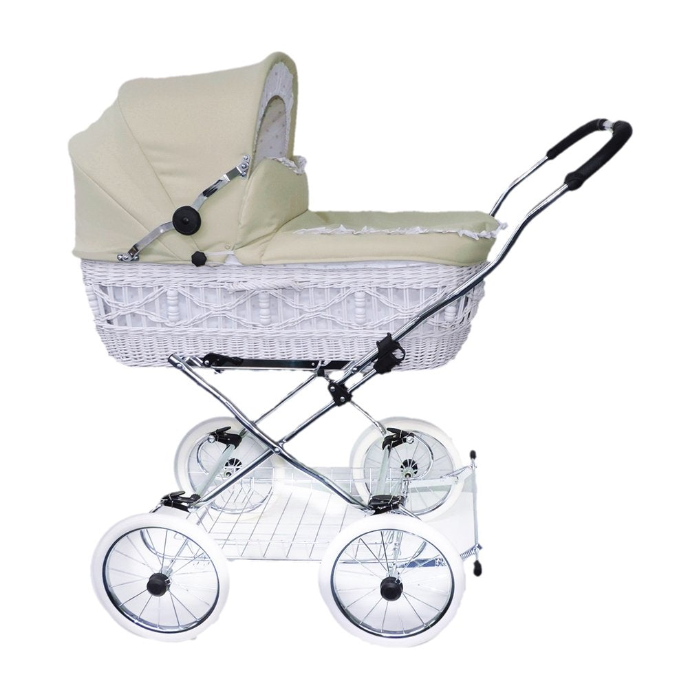 EICHHORN Weidenkorb Kinderwagen, Korb Weiß, Stoff Beige - große Liegefläche, weich gefedert, inklusive Matratze und Regenschutzbezug