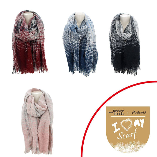 Winter Damen Schal » Strickschal » Damenschal mit Highlights » schimmerndes Muster » Fransenschal 188 x 68 cm