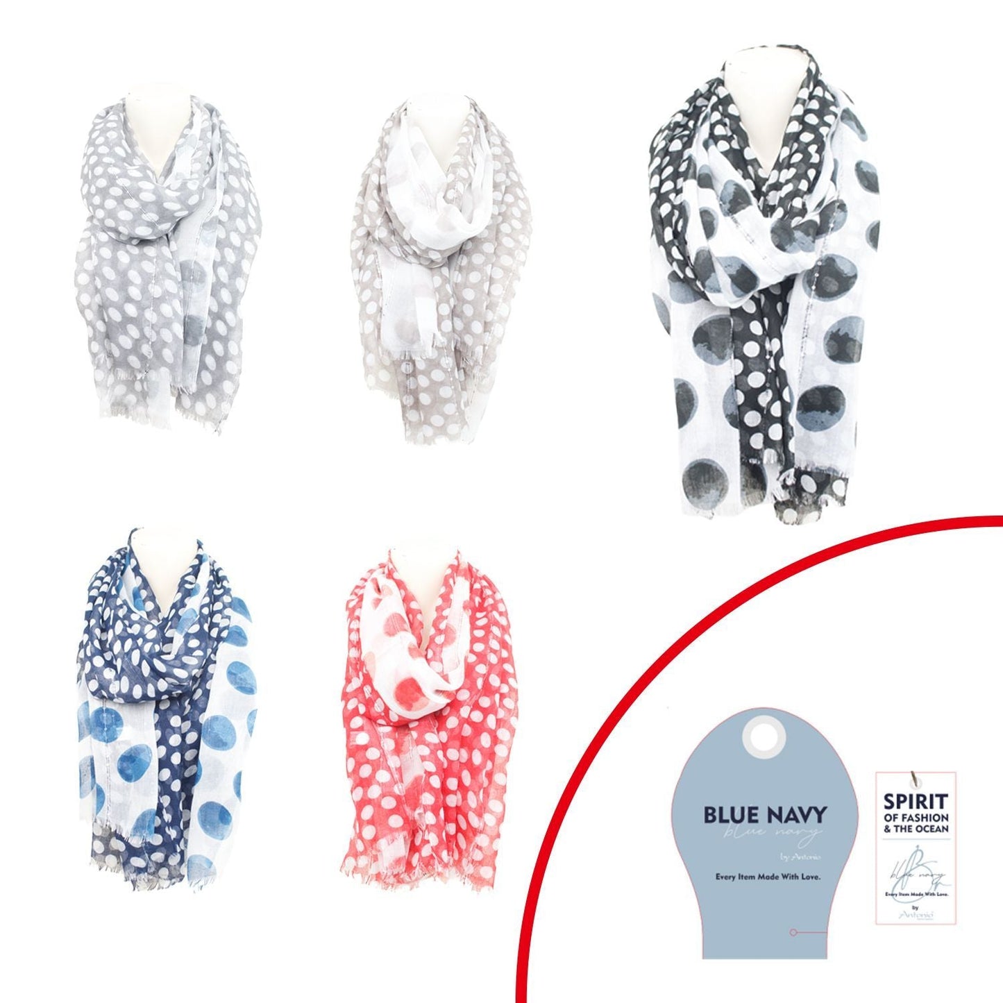 Sommer Damen Schal » Blue Navy Polka Dot Design » leichter Sommerschal 180 x 90 cm » Halstuch mit Punkten und Pailletten » Damenschal weich & dünn