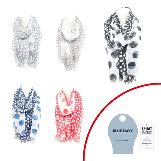 Sommer Damen Schal » Blue Navy Polka Dot Design » leichter Sommerschal 180 x 90 cm » Halstuch mit Punkten und Pailletten » Damenschal weich & dünn